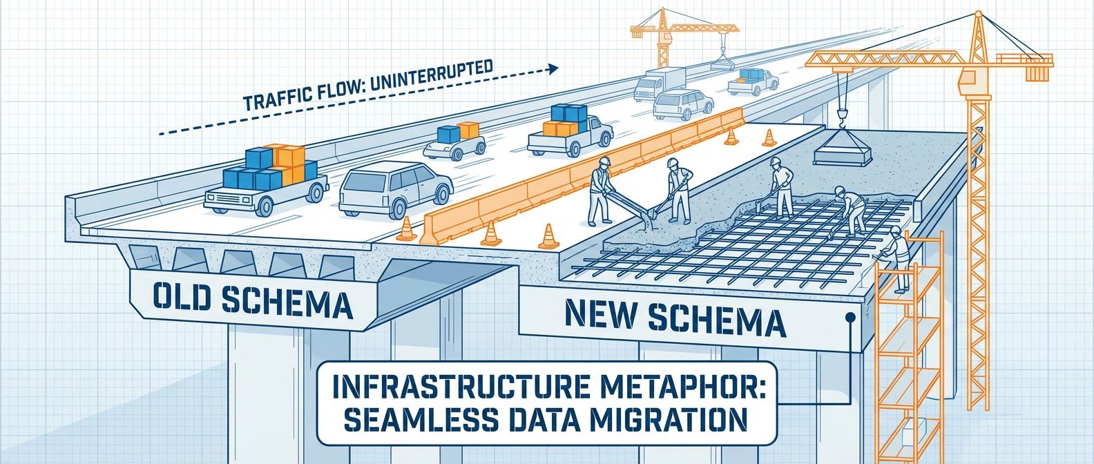 Bridge construction showing new lane being built alongside existing lane with continuous traffic flow, representing zero-downtime schema migration