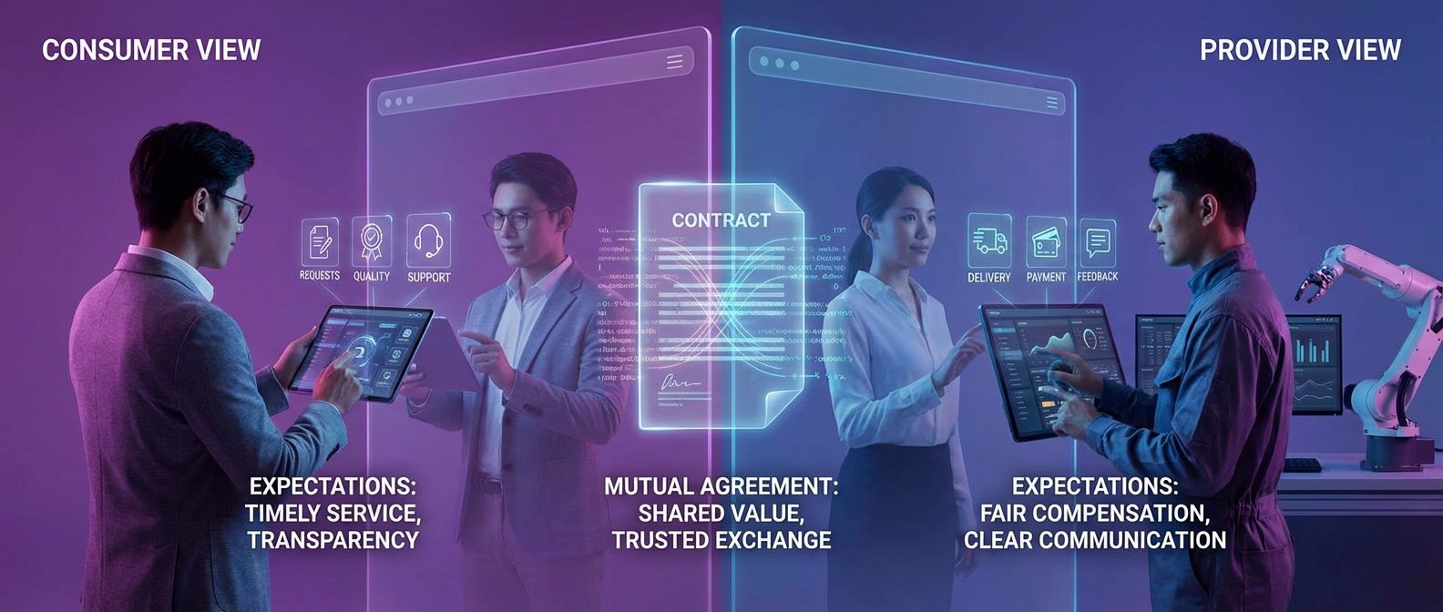 Consumer and provider services separated by two-way mirror with glowing contract showing mutual expectations between them