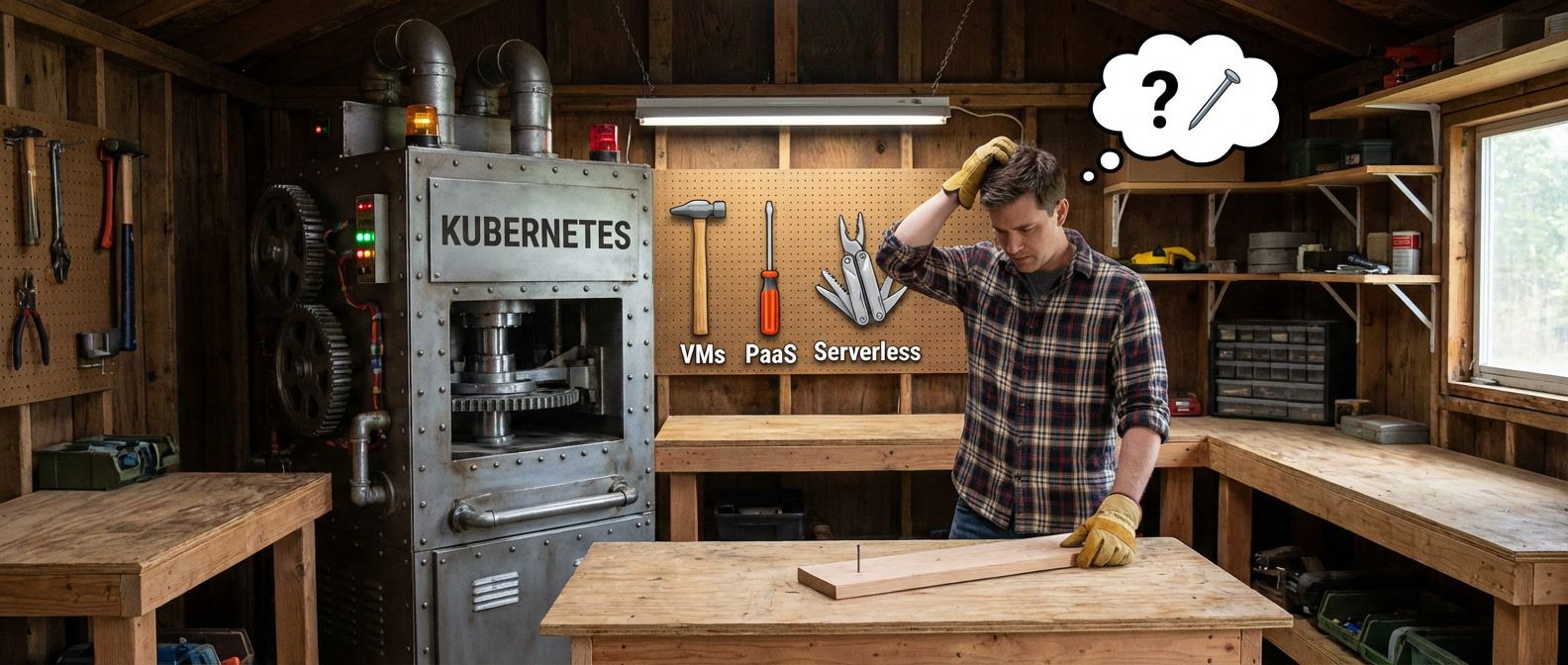 Tool shed showing oversized Kubernetes machine alongside simpler alternatives like VMs, PaaS, and Serverless for straightforward tasks