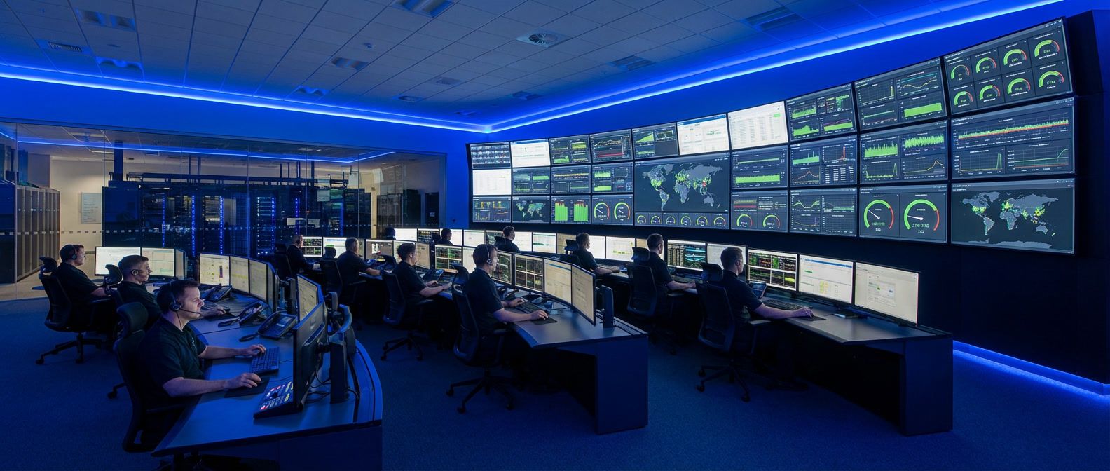 Operations control room with multiple monitoring screens displaying graphs, gauges, and status indicators for system health visibility