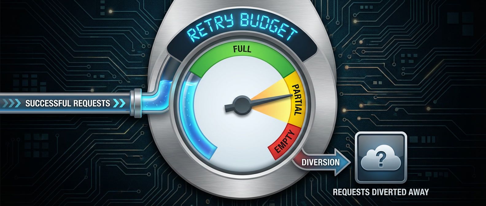 Retry budget gauge showing partial depletion with replenishment pipe from successful requests feeding back into the meter