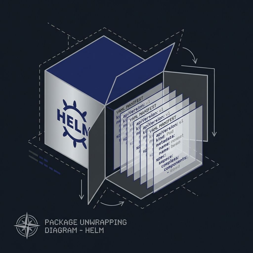 Ship's helm wheel with spokes connecting to Kubernetes resource manifest icons