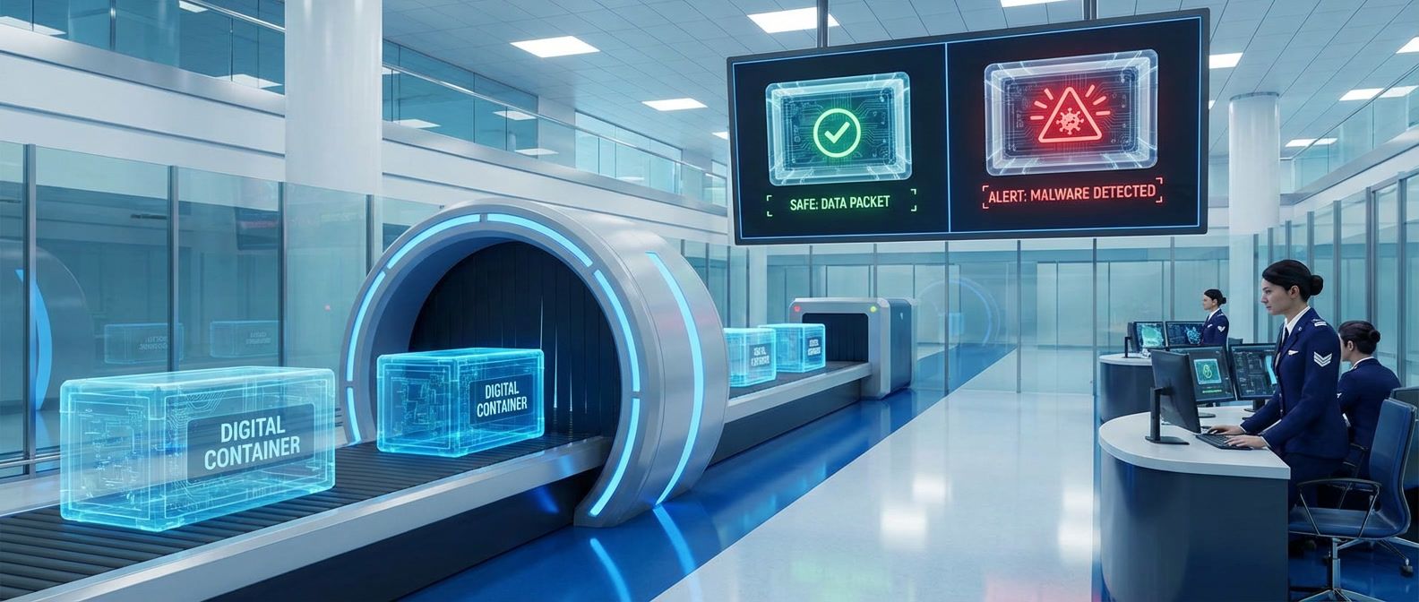Container security checkpoint with scanner showing X-ray views, green checkmarks for safe containers and red warnings for detected vulnerabilities