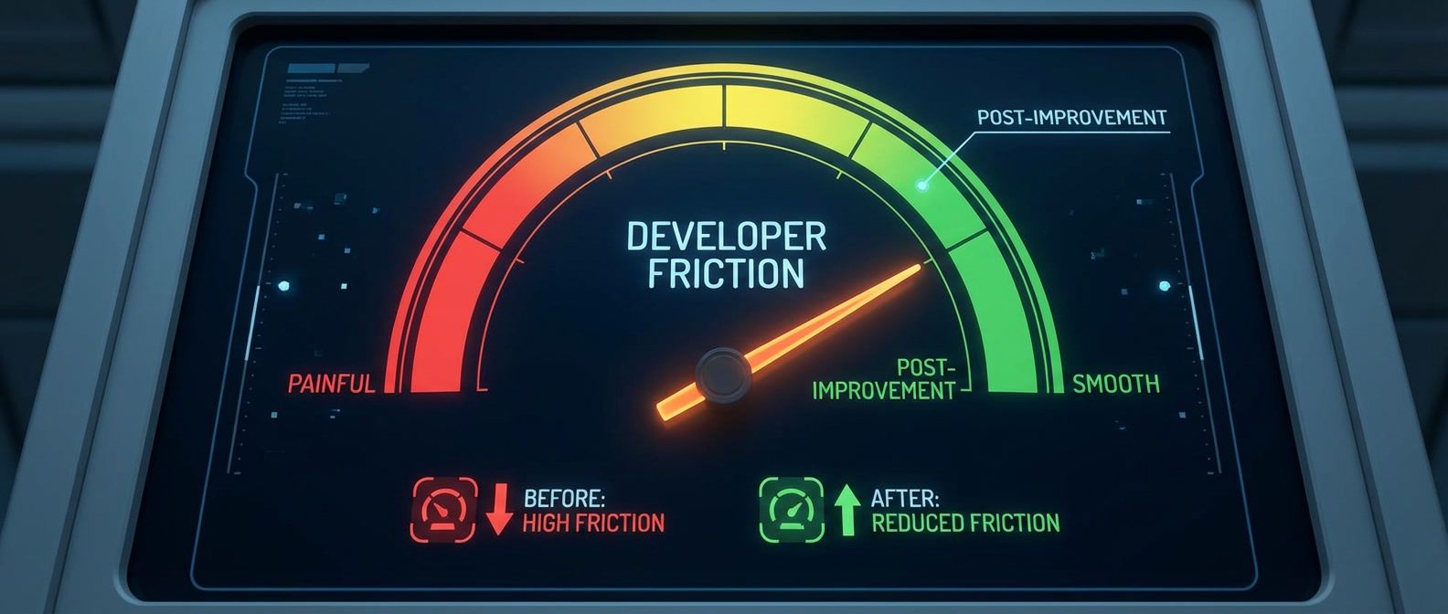 Developer friction gauge showing needle moving from red painful zone to green smooth zone after platform improvements
