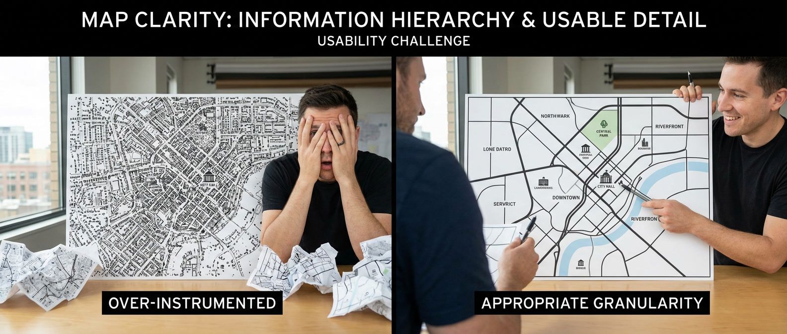 Two city maps comparison: over-detailed map with every feature marked versus clear map showing major roads and landmarks for easy navigation