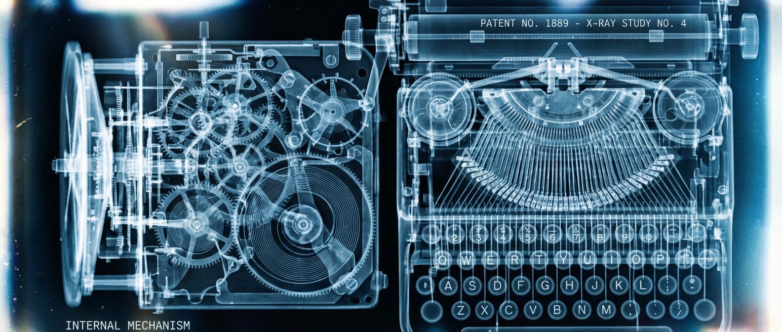 X-ray view of mechanical device showing internal gears, springs, and linkages with layered transparency revealing hidden architecture