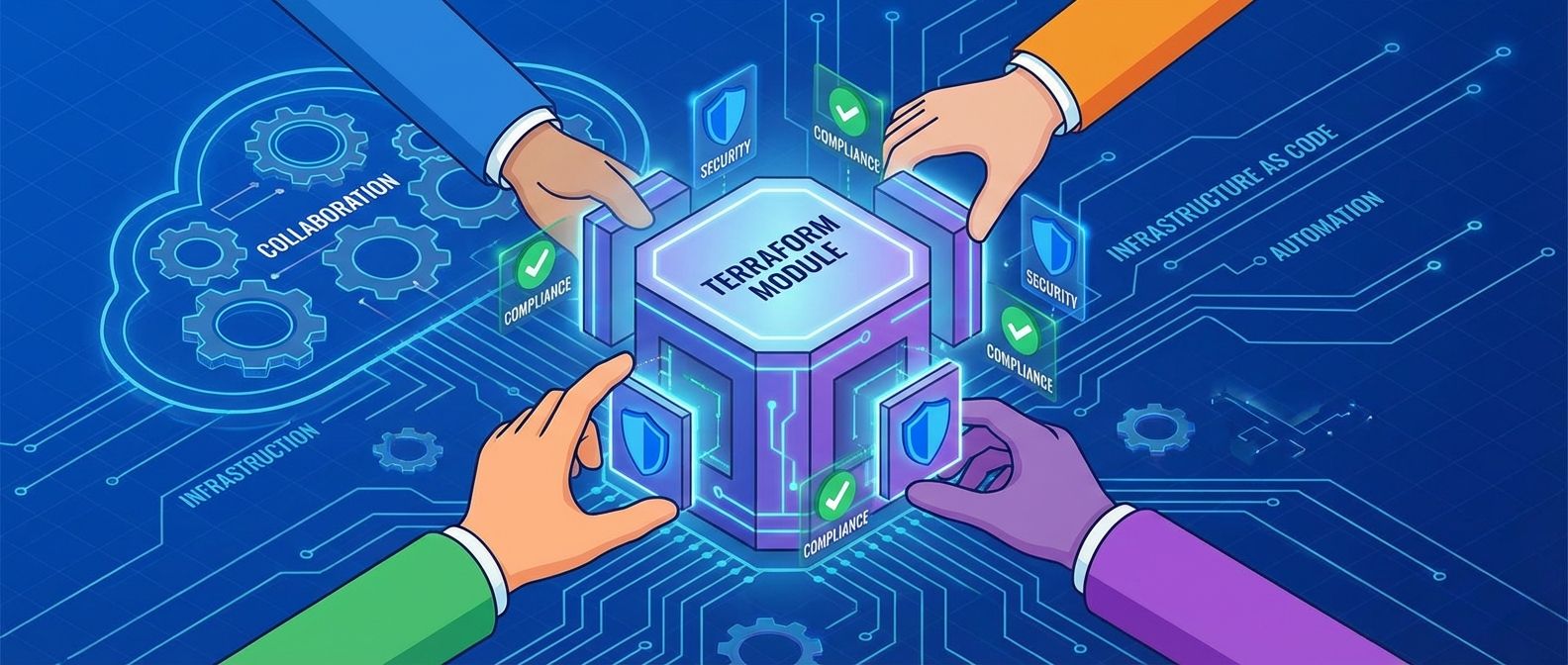 Terraform module being assembled by multiple teams with automated security shields and compliance checks