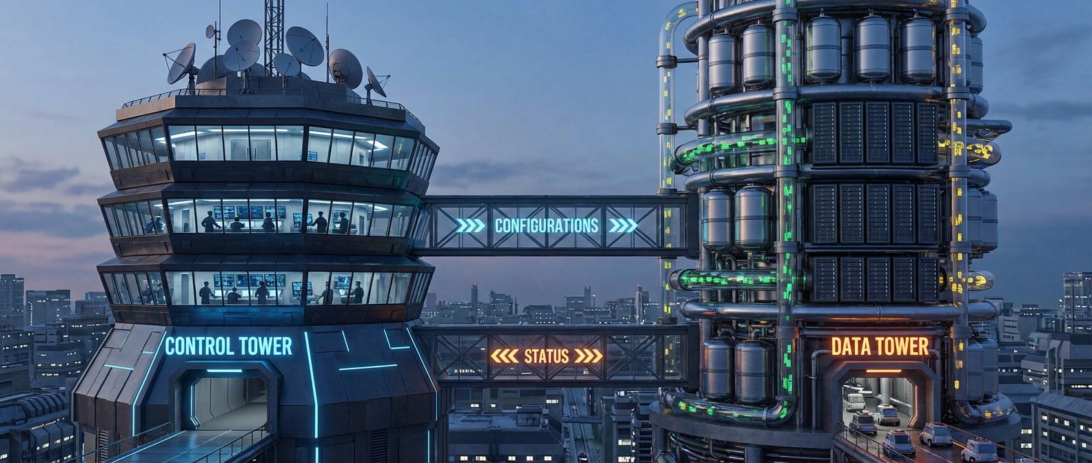 Two towers representing control plane (with decision-making systems) and data plane (with traffic processing) connected by bridges carrying configurations and status updates