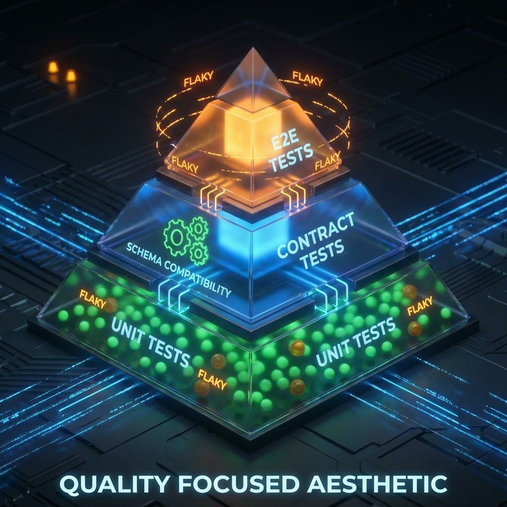 Testing pyramid showing E2E tests at apex, contract tests in middle, and unit tests at base, with stability indicators