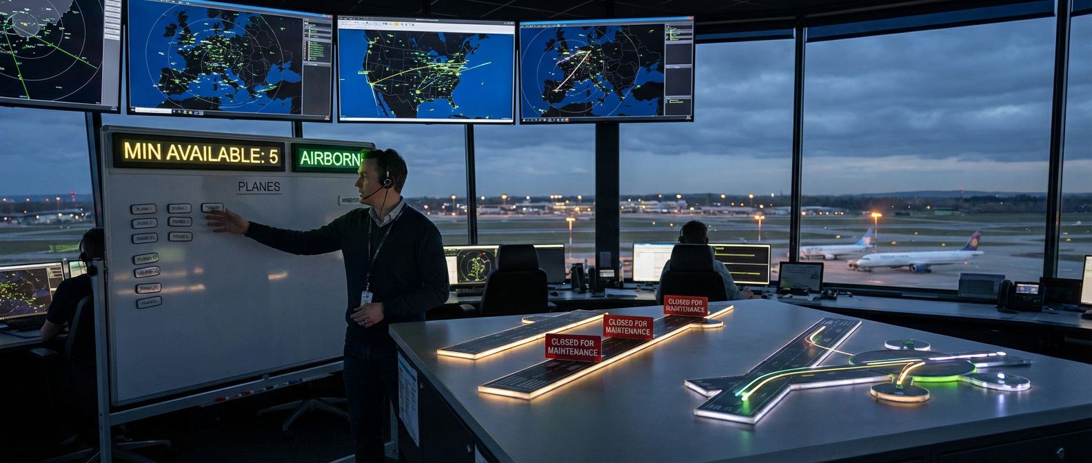 Air traffic controller managing planes (pods) on runways (nodes) with minimum availability requirements during runway maintenance for operational continuity