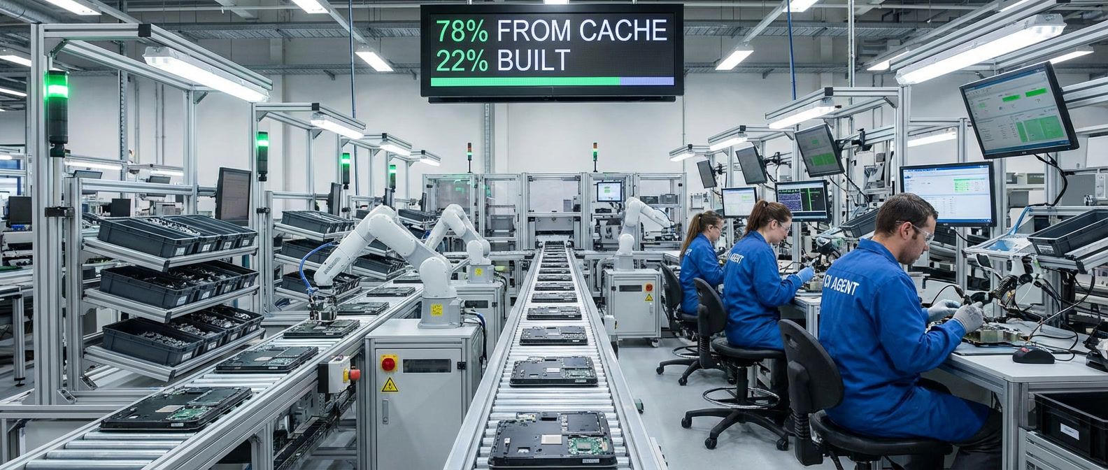 Assembly line showing build process with cached components pre-made at most stations, workers handling custom work, displaying 78% cache hit rate