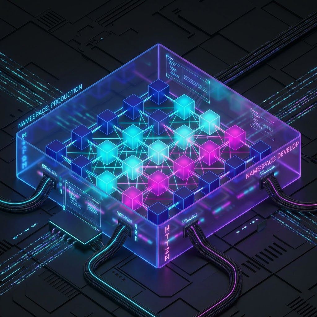 Kubernetes pods as glowing cubes within a cluster mesh, with service mesh connections and namespace boundaries