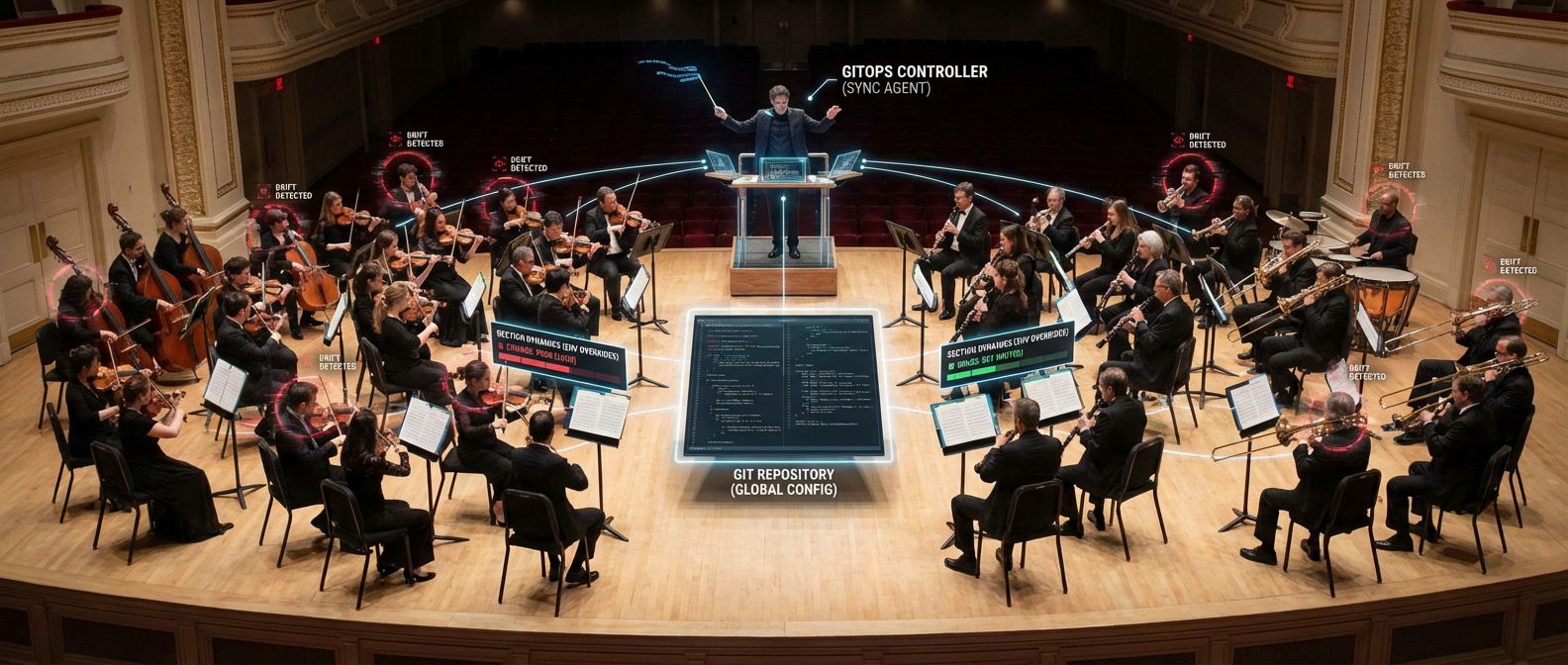 Orchestra with sections playing from same sheet music with conductor ensuring synchronization, highlighting musicians drifting off tempo representing cluster drift detection