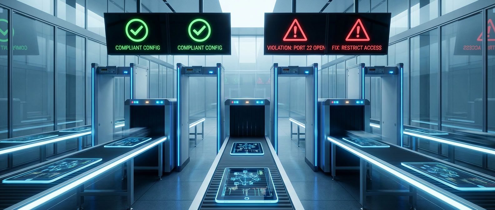 Automated security checkpoint scanning infrastructure configurations with green checkmarks for compliance and violation flags with fix suggestions