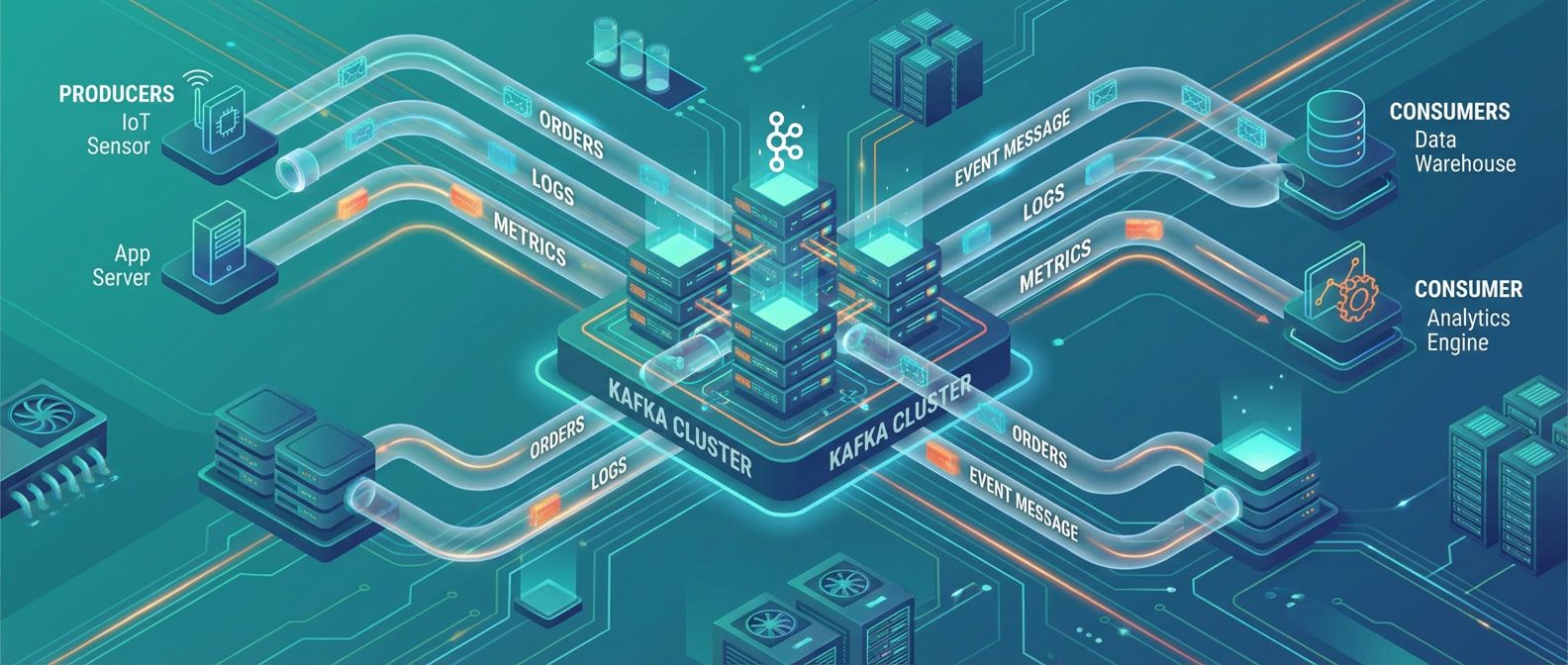 Kafka cluster as central hub with producers and consumers orbiting around it, event messages flowing through topics as packets