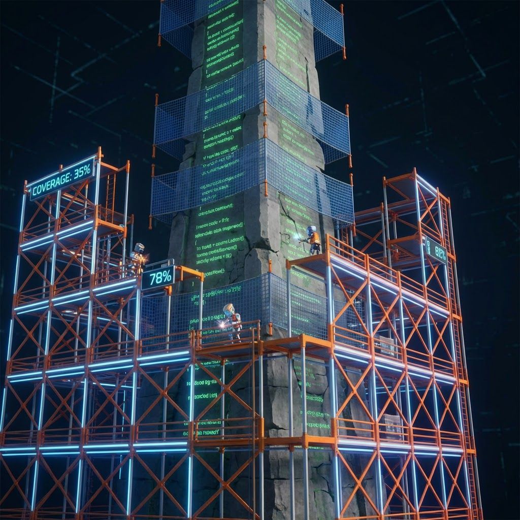 Test harness scaffolding wrapping legacy monolithic code with test coverage indicators