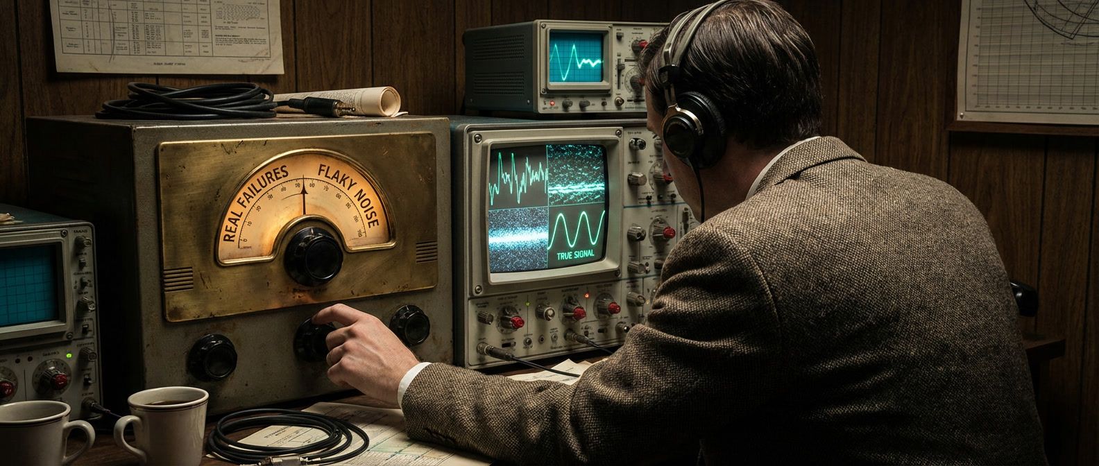 Radio operator tuning between real failures and flaky noise signals, filtering static to find true test failure signal