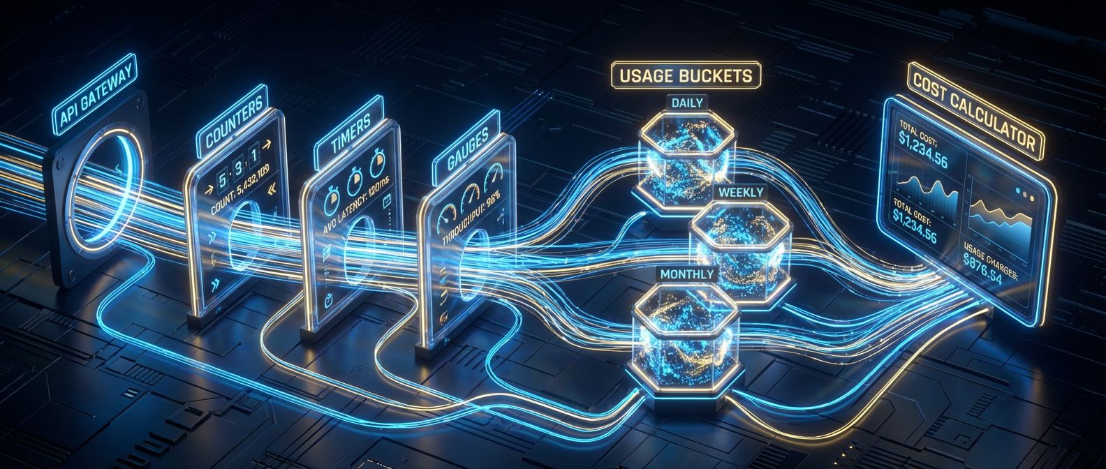 Data flowing through metering pipeline with API requests passing through measurement gates and aggregating into usage buckets for cost calculations