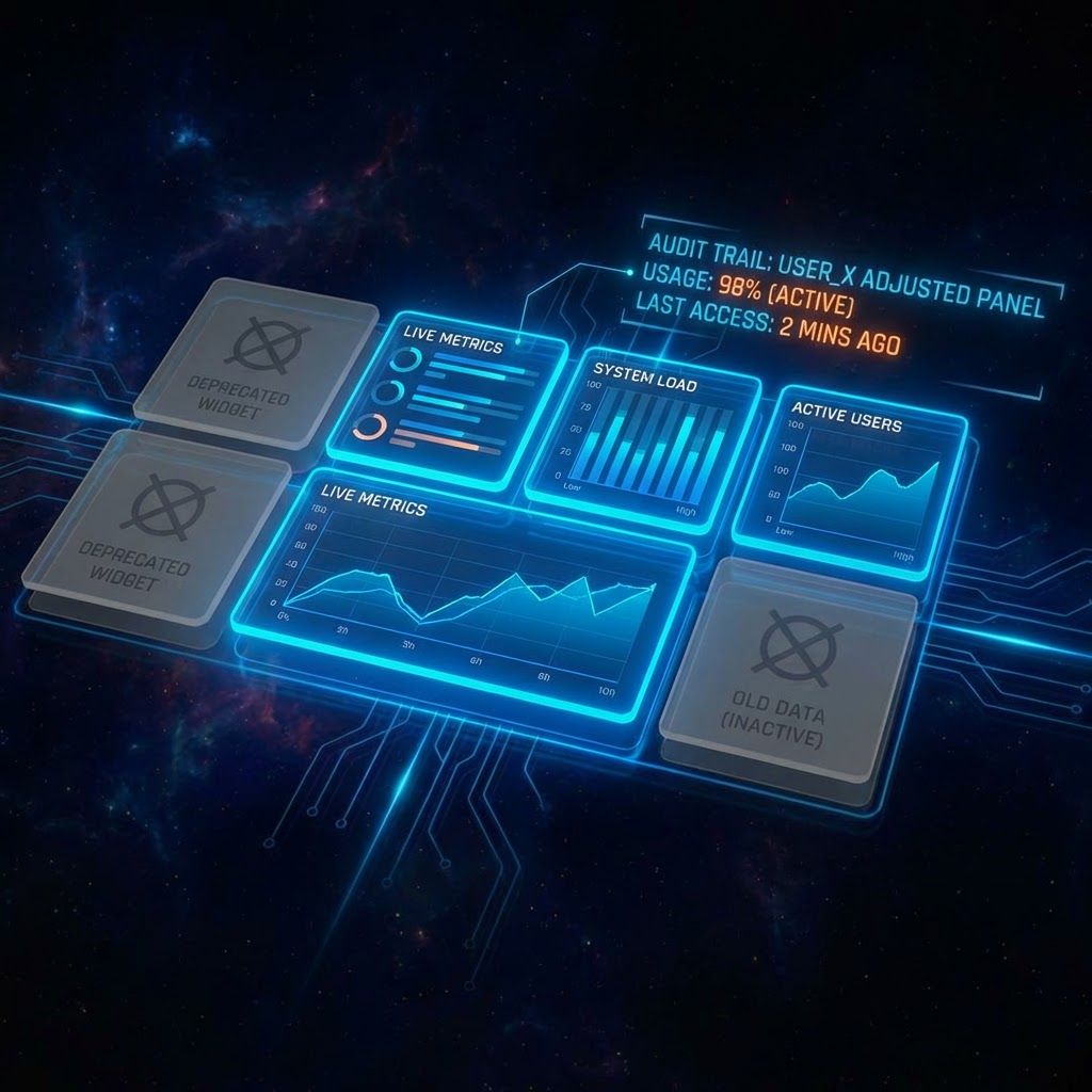 Dashboard showing active and inactive panels with audit trail indicators and usage metrics