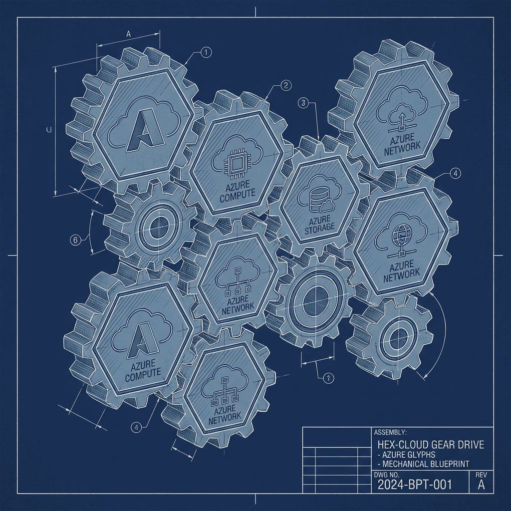 Geometric Azure diamond logo surrounded by interlocking cloud infrastructure blocks