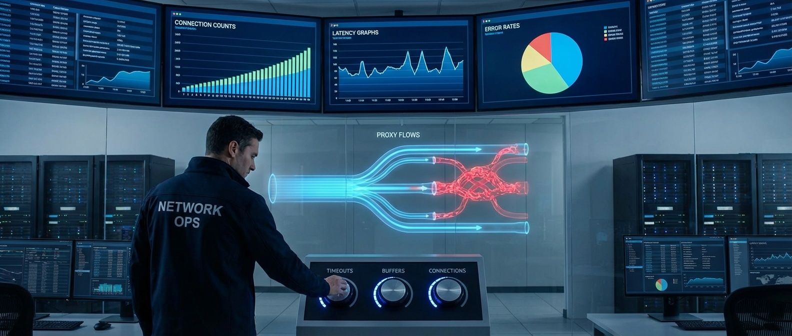 Control room with proxy metrics dashboards showing connection counts, latency, and error rates, engineer adjusting timeout and buffer settings