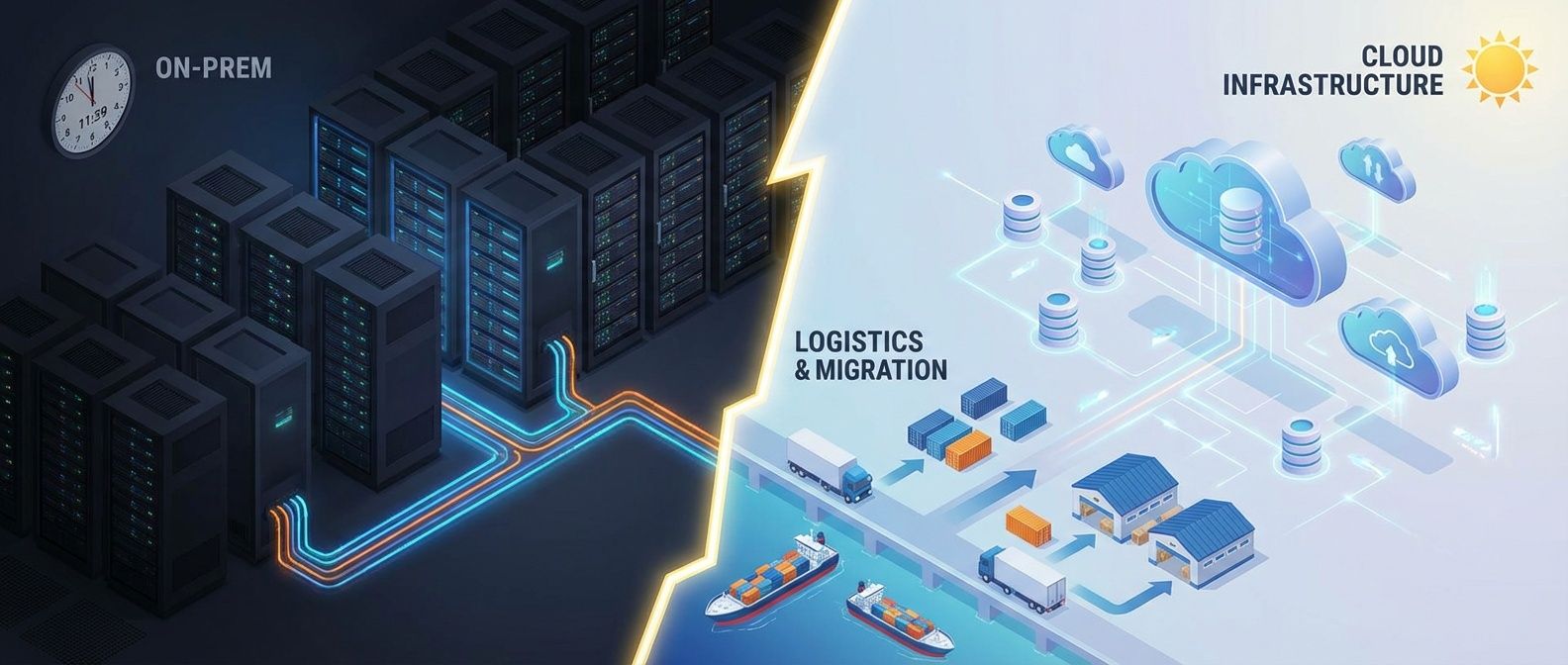 Split-screen showing server room transforming into cloud infrastructure with logistics elements bridging the transition