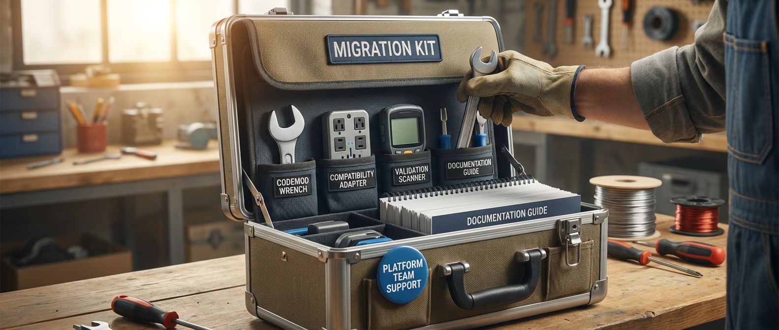 Migration toolkit with codemod wrench, compatibility adapter, validation scanner, and documentation guide for platform API version upgrades