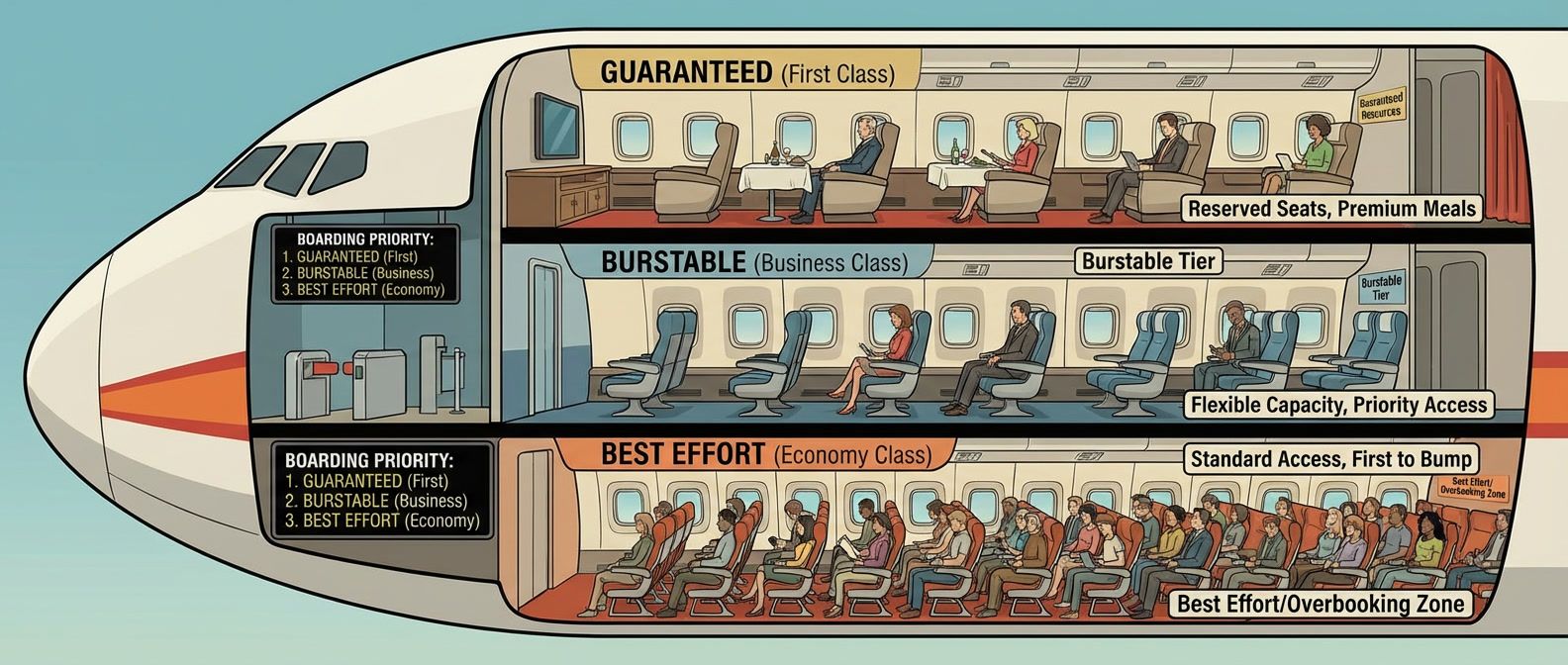 Airplane seating classes showing first class (Guaranteed), business (Burstable), and economy (BestEffort) with priority boarding representing Kubernetes QoS resource tiering