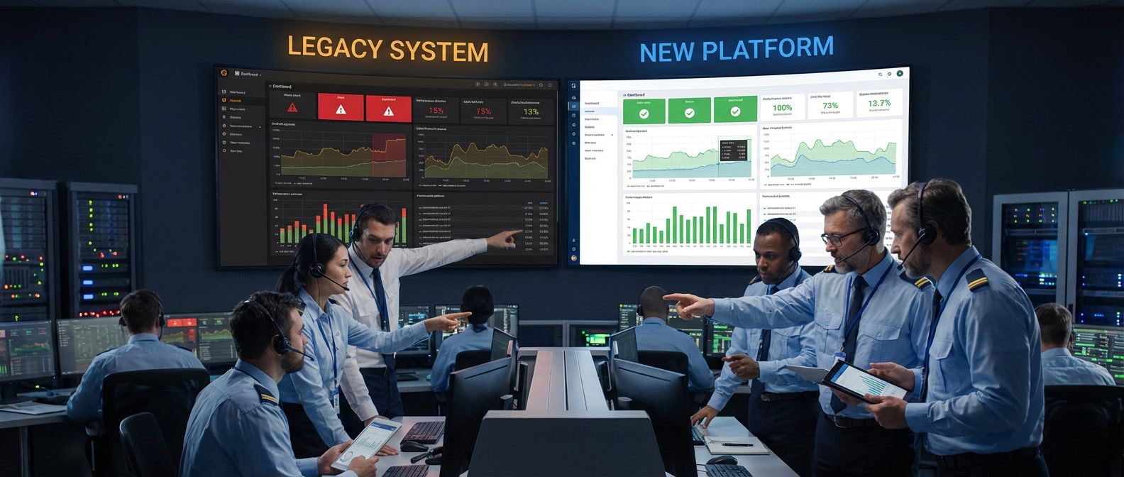 Control room with side-by-side monitors comparing legacy and new system dashboard metrics for migration validation
