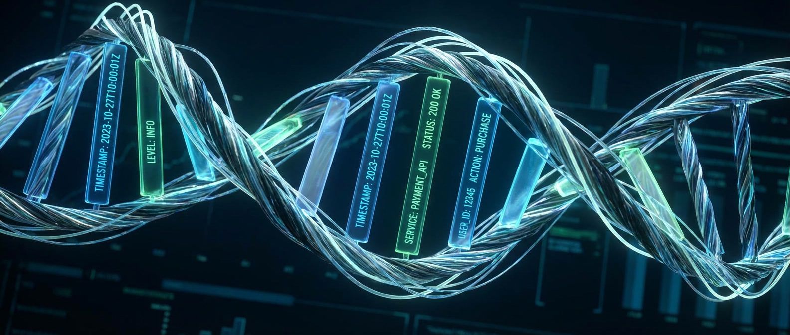 DNA helix with field names and values as base pairs representing log data schema structure