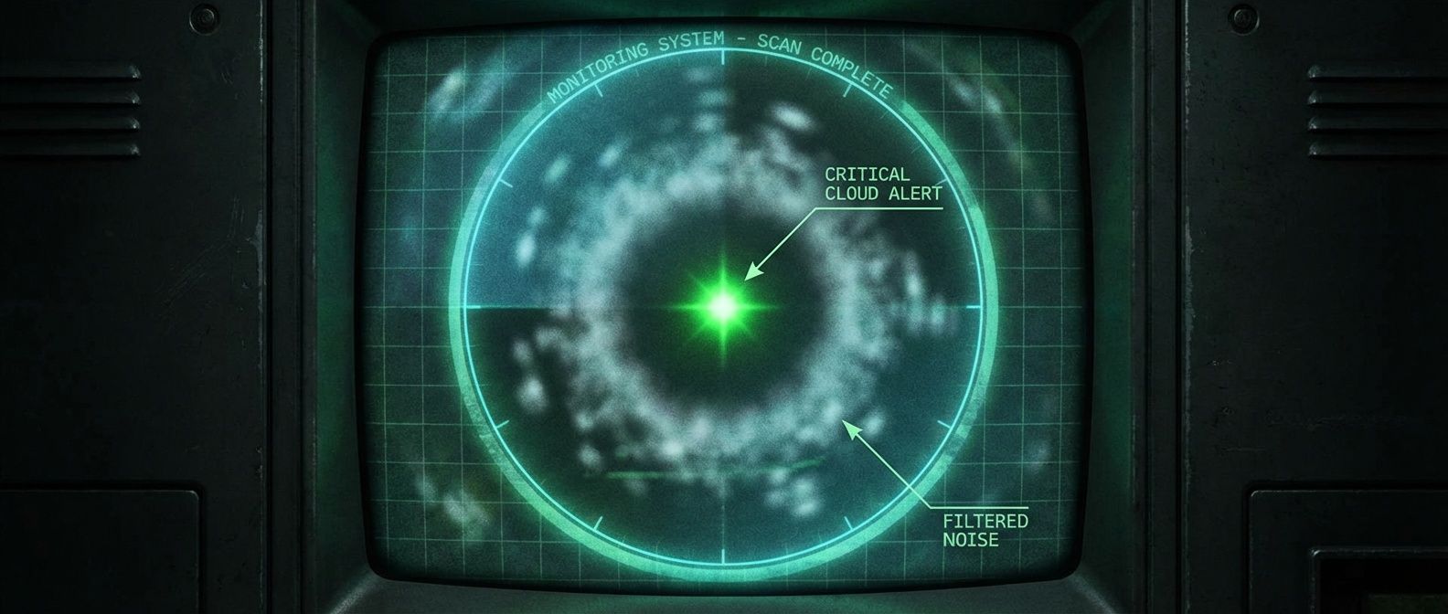 Radar screen showing single bright alert ping surrounded by faded noise halo, representing critical actionable cloud monitoring alert