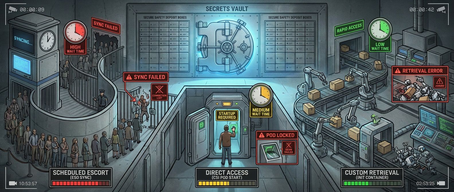 Bank vault with three secret access methods: scheduled escort (ESO periodic sync), direct access (CSI at pod start), and custom robot retrieval (init container)