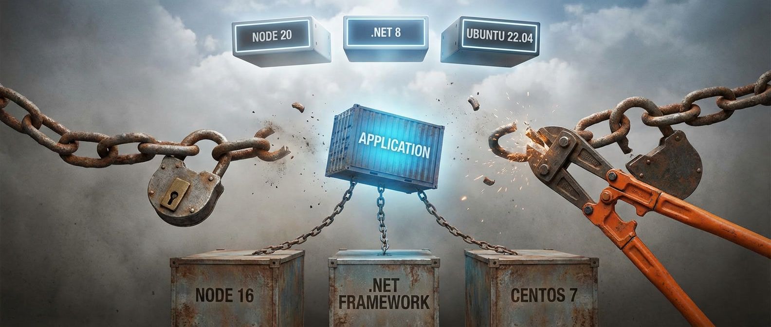 Application breaking free from old runtimes (Node 16, .NET Framework, CentOS 7) with cut chains, moving upward toward newer runtime versions