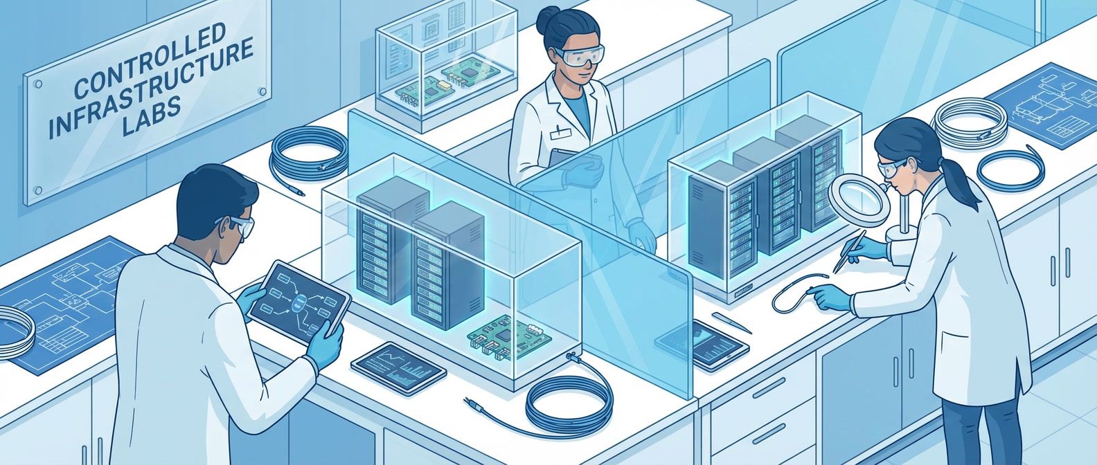 Laboratory setting with engineers conducting controlled experiments on miniature server infrastructure in place of traditional lab equipment