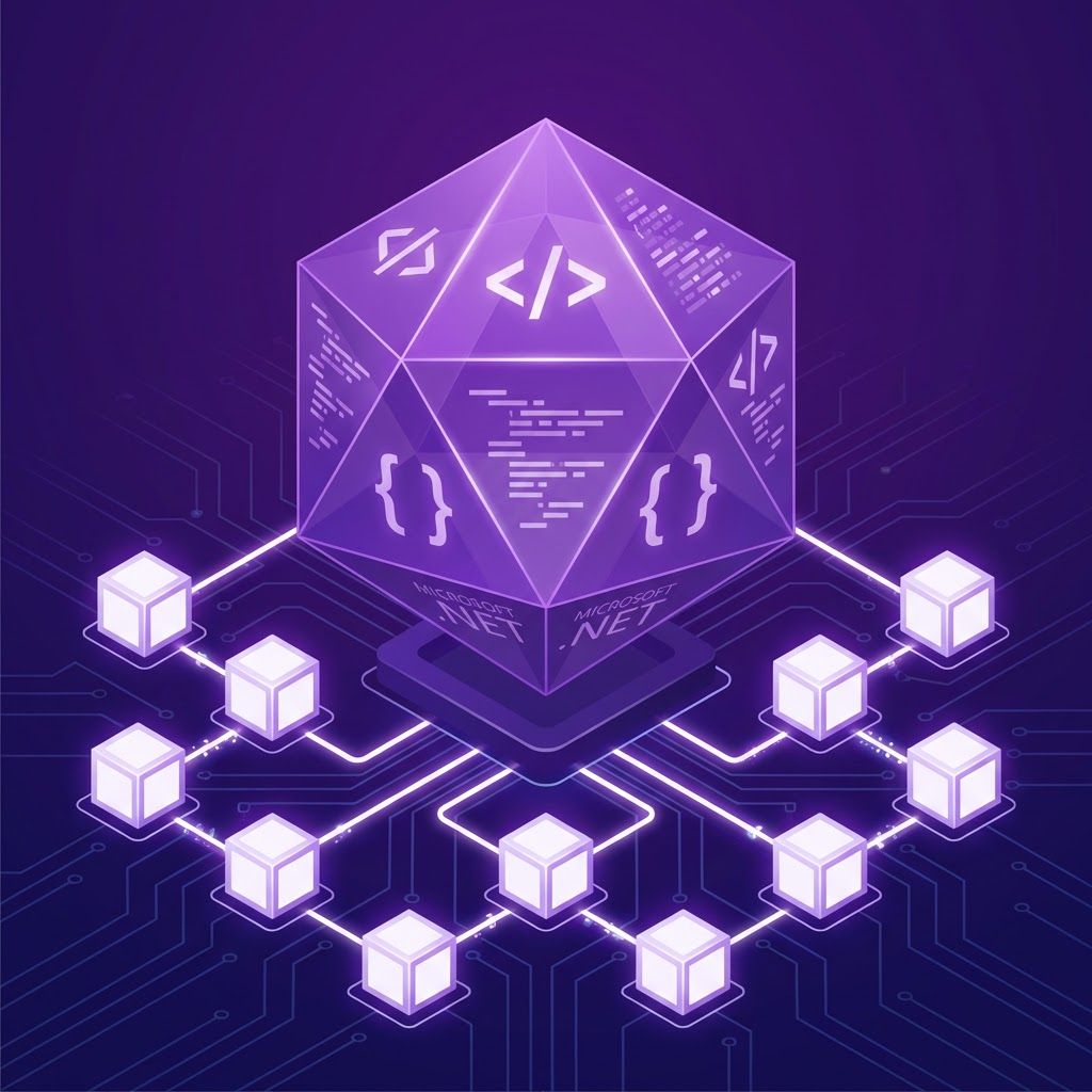 Abstract .NET logo formed from interlocking geometric code blocks