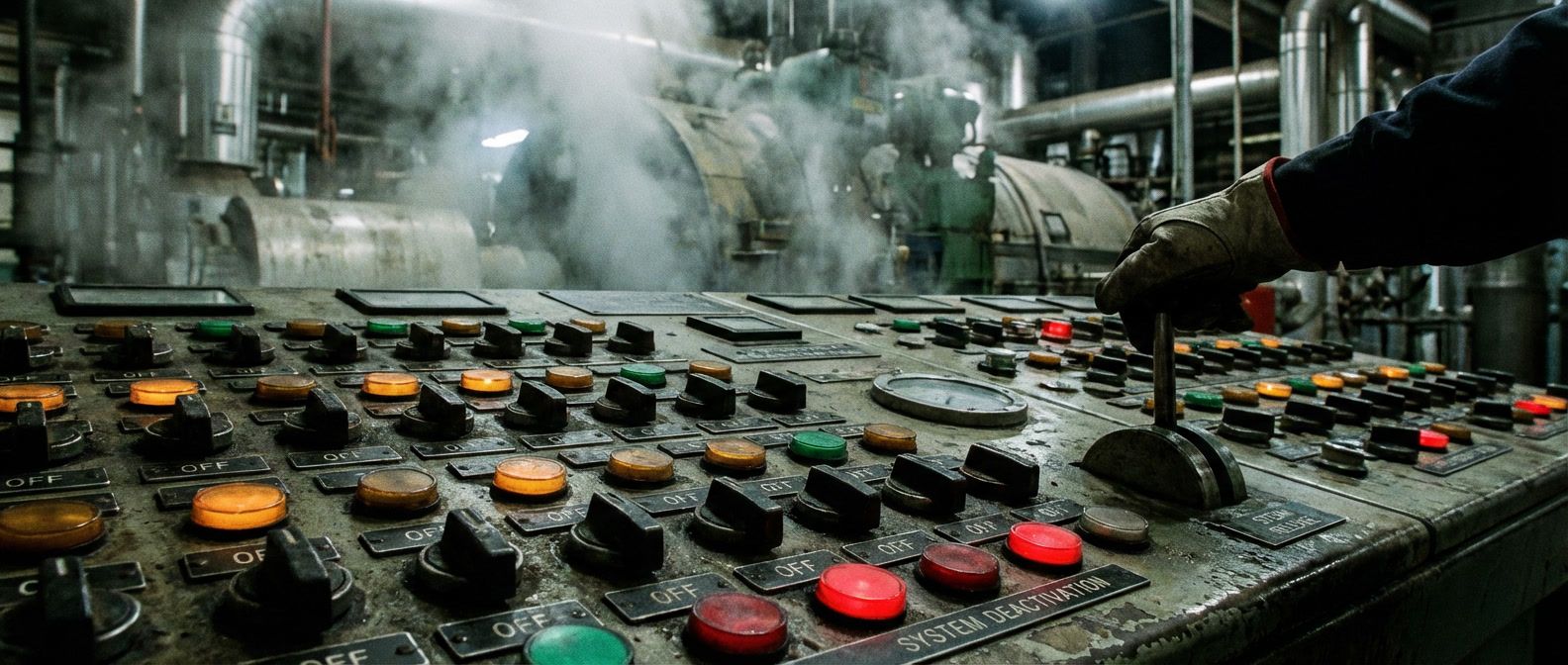 Industrial control panel with switches in off position and red indicators, steam in background showing controlled machinery shutdown