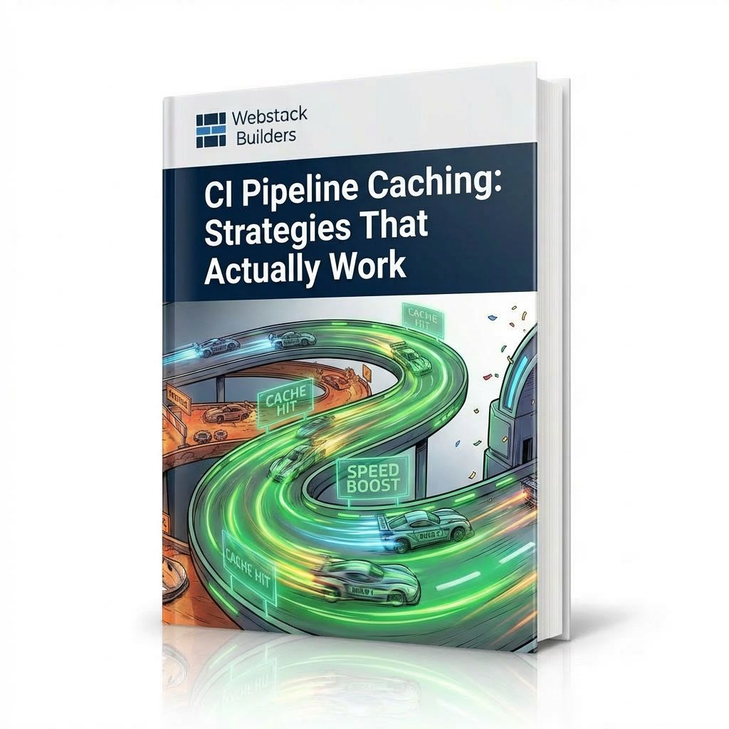 CI pipeline racing track with builds as cars, showing cached fast lanes with motion blur versus slower uncached sections and reduced build time at finish