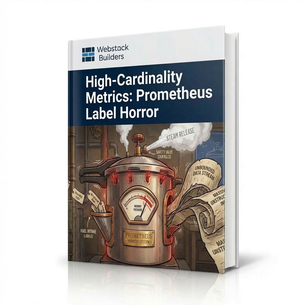 Prometheus pressure cooker with memory gauge spiking to red zone from unbounded labels, showing bounded versus unbounded label impact