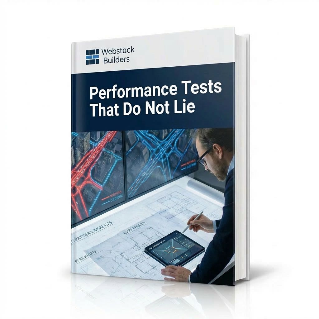 Architect studying traffic pattern blueprints overlaid on city showing congested hot paths and empty cold paths for realistic performance test design