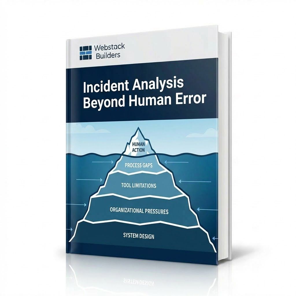 Iceberg showing human action as small visible tip above water, with larger systemic factors like process gaps and system design below