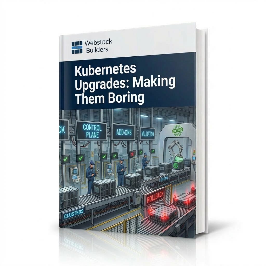 Kubernetes cluster upgrade assembly line with quality control stations from pre-check through validation, with rollback lane and certification