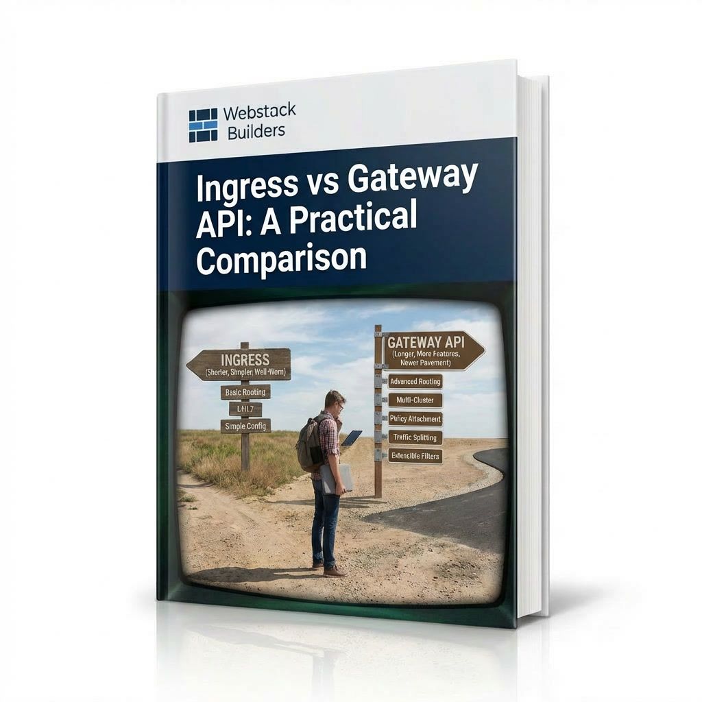 Fork in road showing Ingress path (shorter, simpler, well-worn) versus Gateway API path (longer, more features, newer pavement) with feature signposts