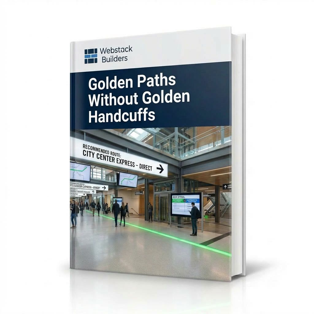 Transit hub showing highlighted recommended route alongside alternative paths, representing golden path choice architecture for developers