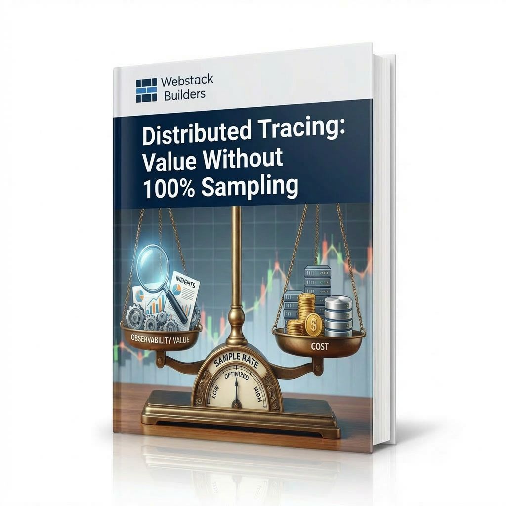 Balance scale showing observability value versus cost trade-off, with sample rate dial controlling the equilibrium point