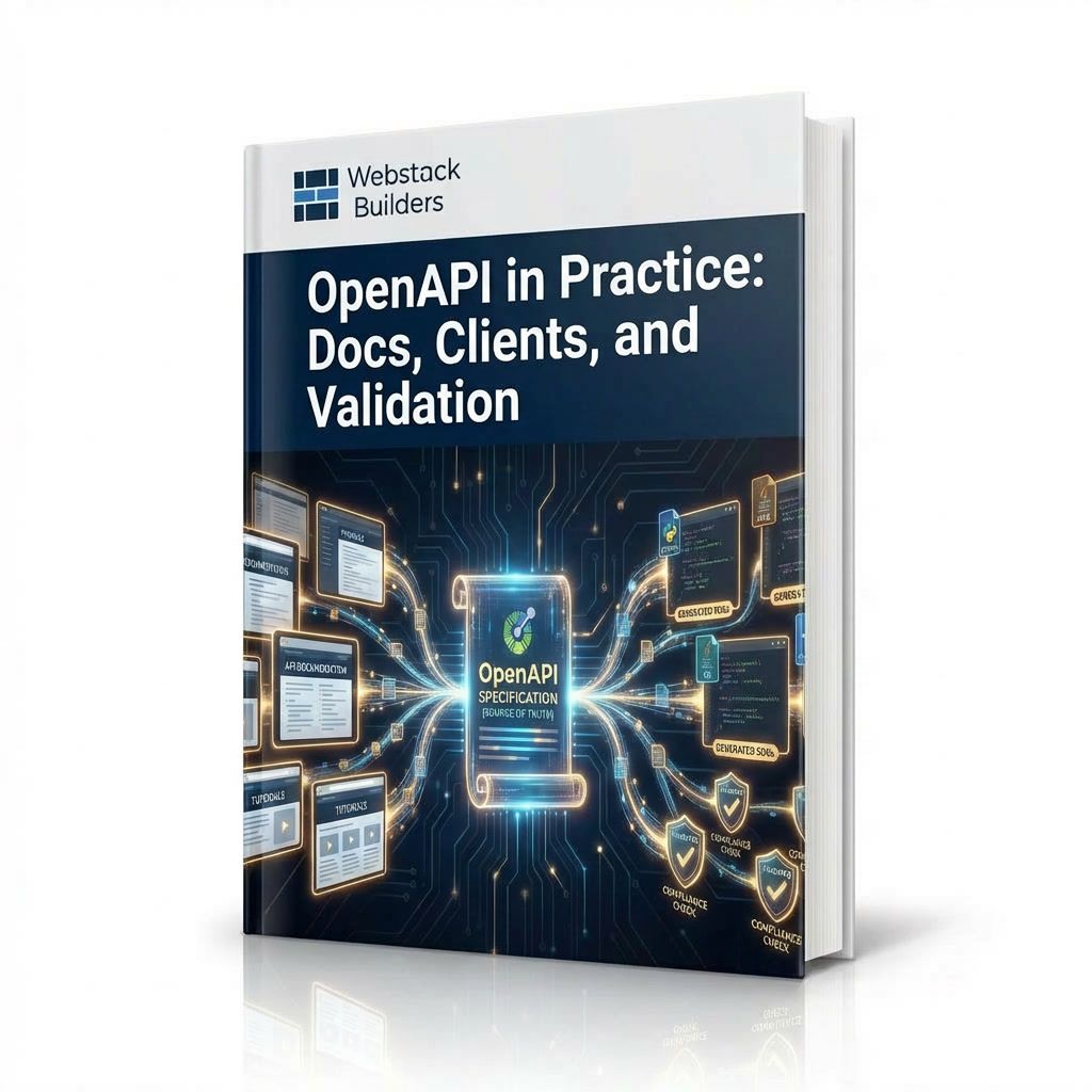 Central glowing OpenAPI spec document with streams flowing to documentation pages, SDK code in multiple languages, and validation shields