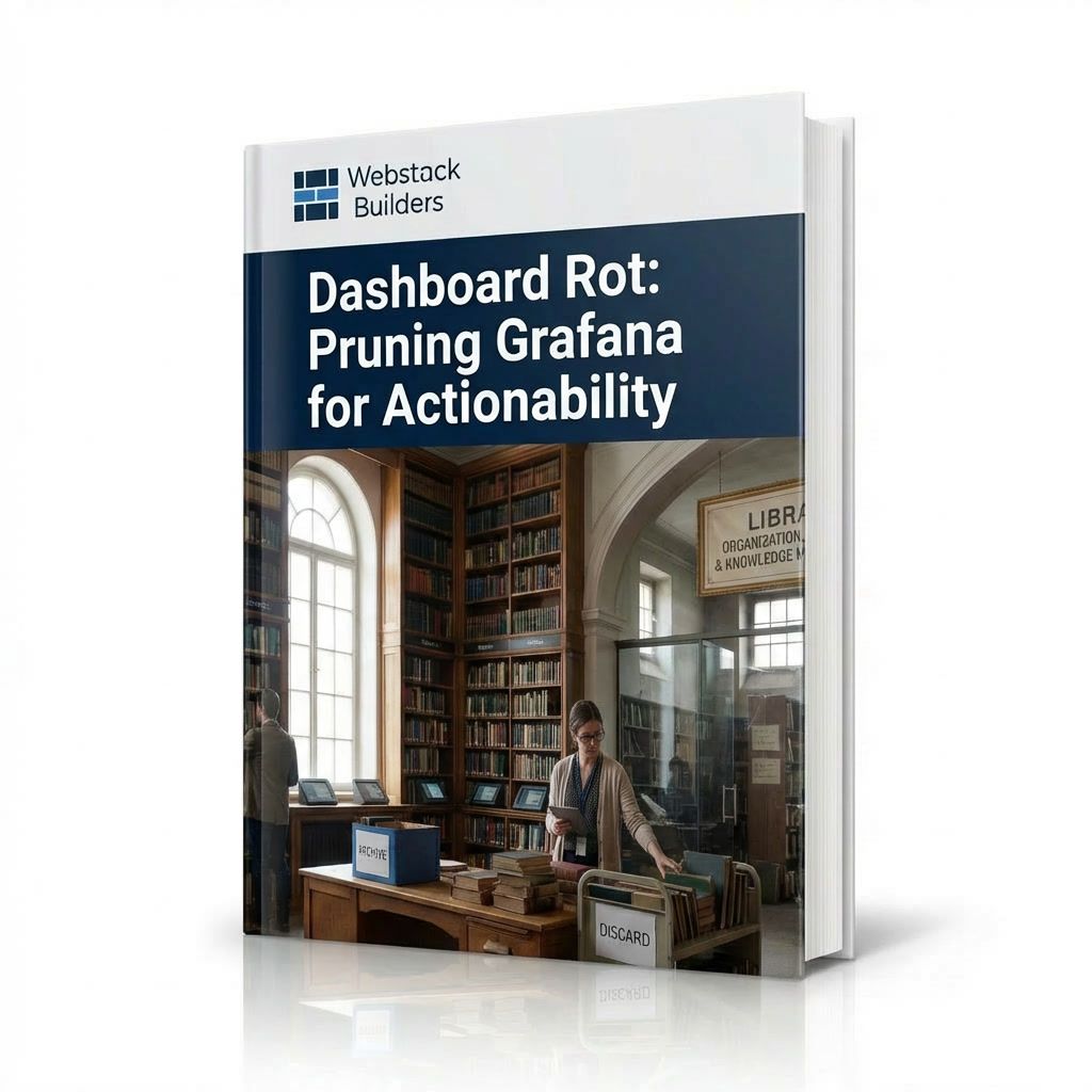 Library with organized and neglected sections, librarian curating books into archive and discard piles, representing dashboard hygiene and metric pruning