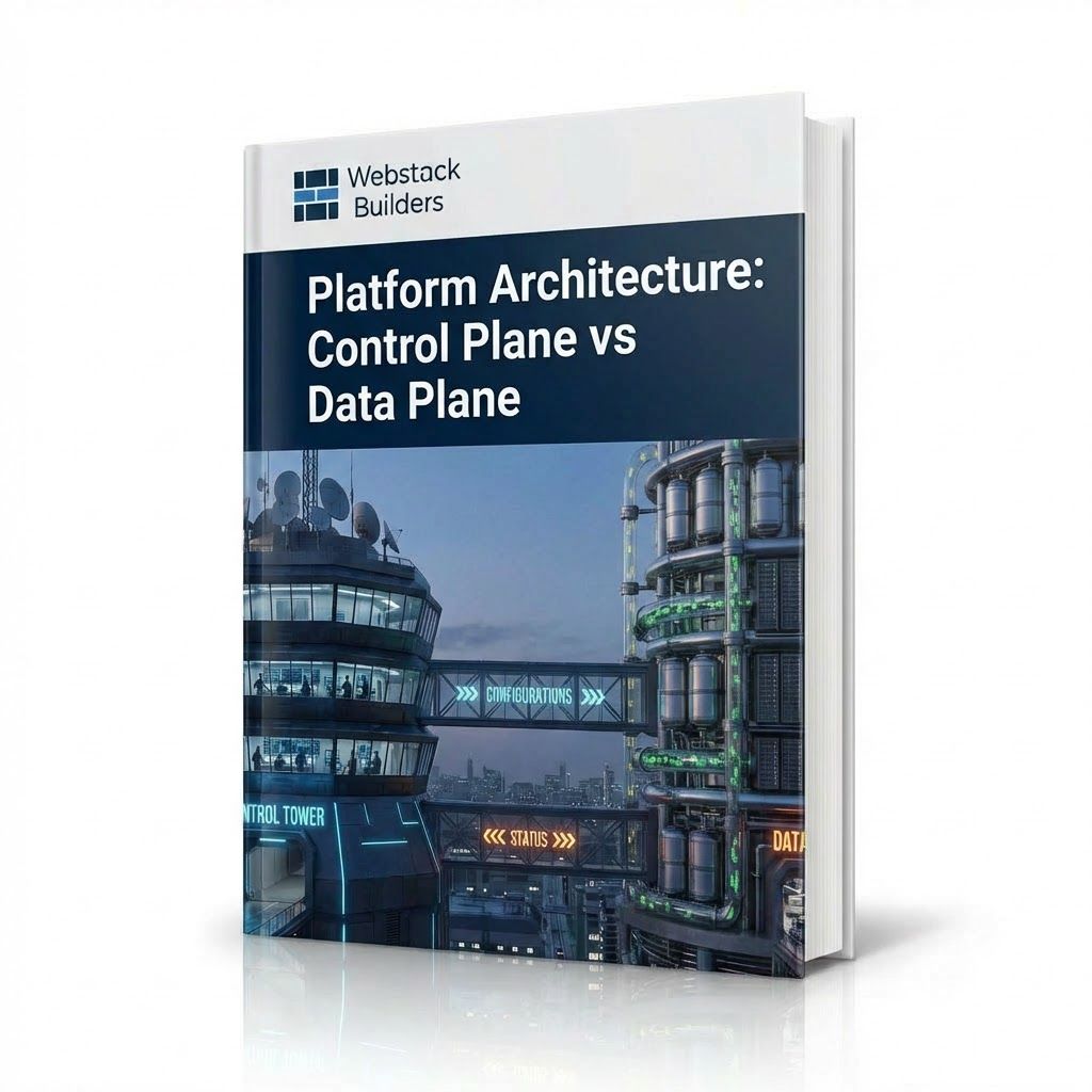 Two towers representing control plane (with decision-making systems) and data plane (with traffic processing) connected by bridges carrying configurations and status updates