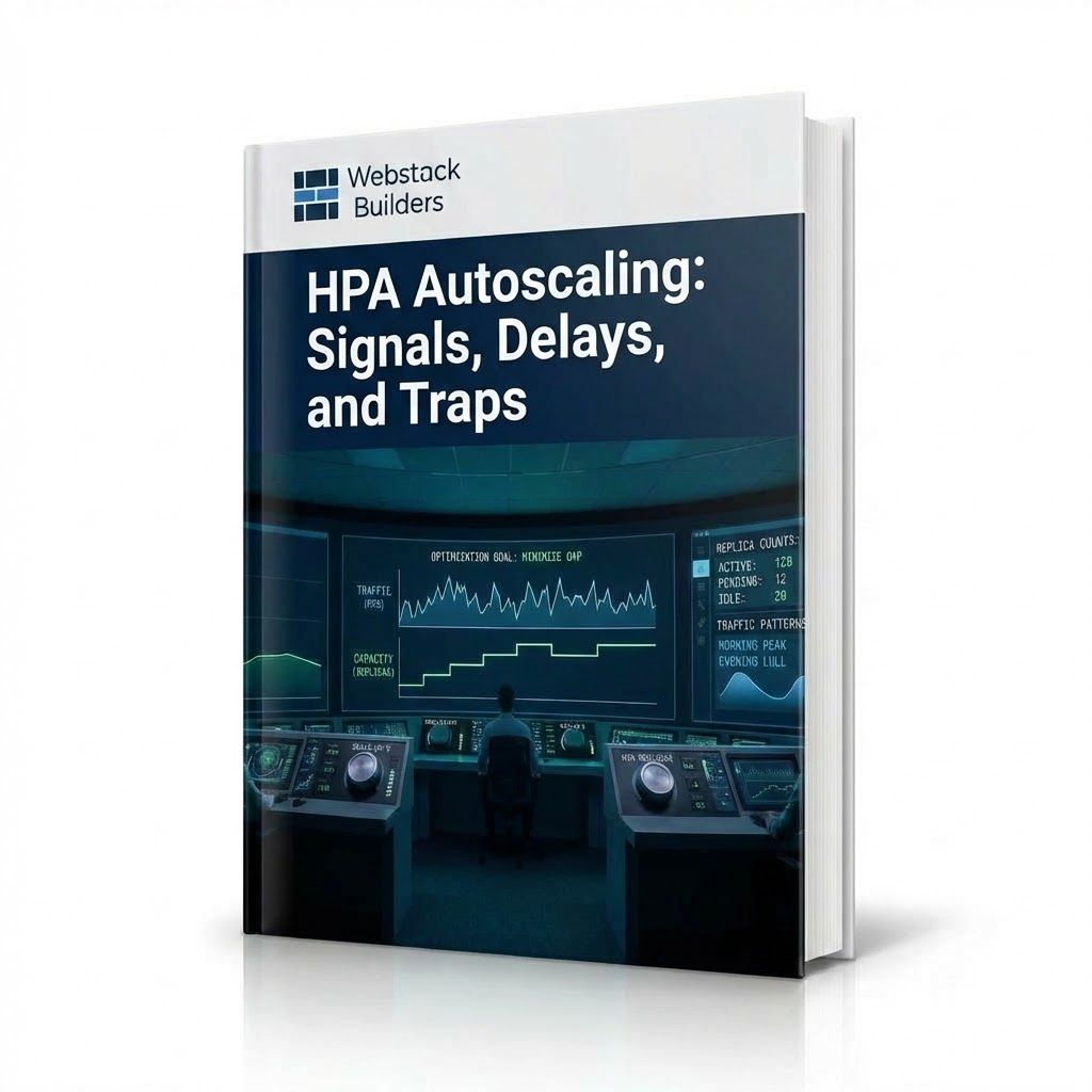 Control room with HPA dashboards showing traffic patterns and replica counts, operators tuning stabilization and scaling parameters to minimize capacity gaps