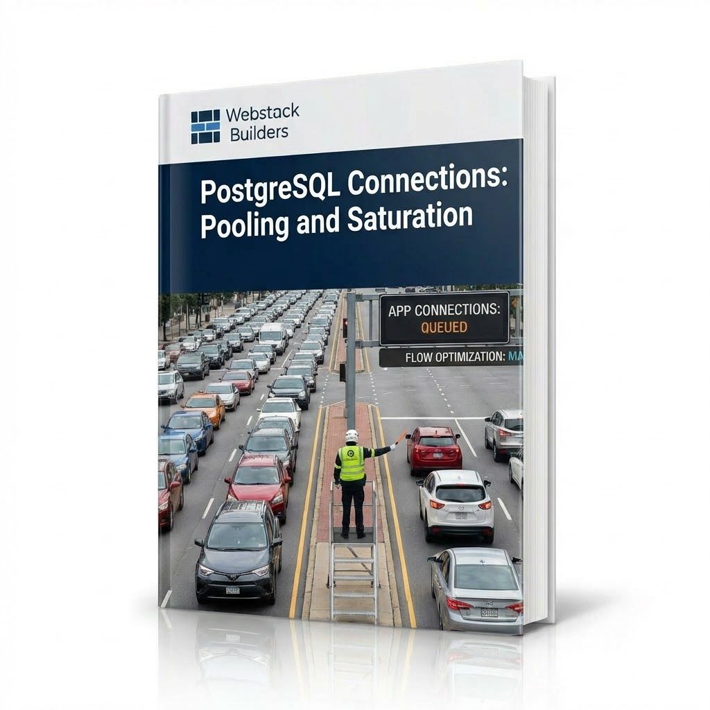 Traffic intersection with controller (PgBouncer) efficiently managing many cars (app connections) crossing through limited lanes (database connections)