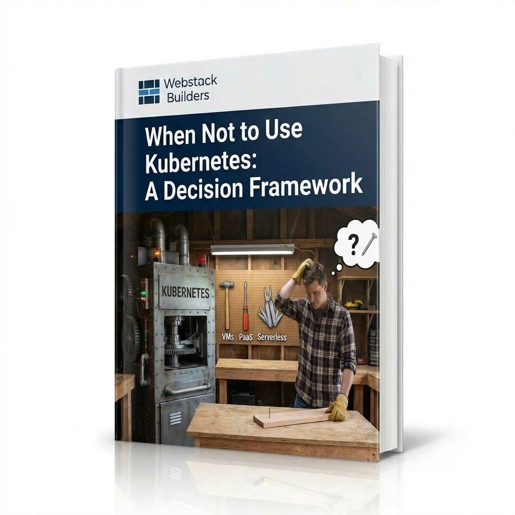 Tool shed showing oversized Kubernetes machine alongside simpler alternatives like VMs, PaaS, and Serverless for straightforward tasks